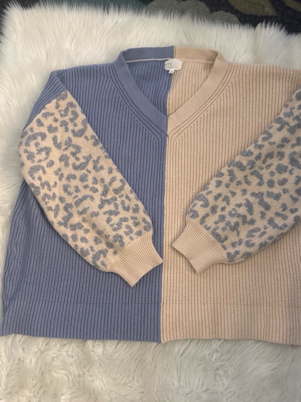 Two-Tone V-Neck Sweater with Leopard Print Sleeves — Blue & Beige